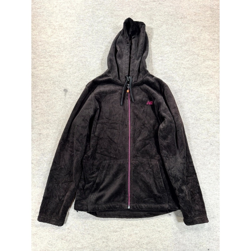 New Balance Fleece Jacket Women Medium Black Logo Full Zip Hooded Winter Outdoor